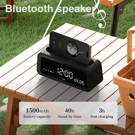Réveil numérique, enceinte Bluetooth, radio, affichage de la température, de la date et du jour de la semaine, idéal pour le camping et la décoration intérieure, rechargeable. (1/5)