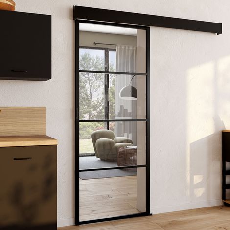 Kit de puerta corredera de cristal templado de 83 cm en metal + MDF con riel y fijaciones