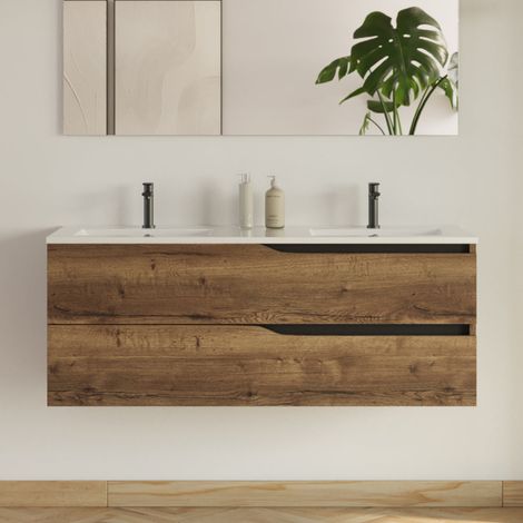 Meuble sous vasque seul, 2 tiroirs, 120cm, pour double vasque - tabaco (chêne foncé) - LUNA