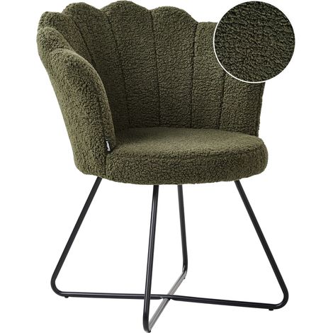 Poltrona senza braccioli Seduta rotonda Struttura in metallo Schienale a conchiglia Design vintage Rivestimento in boucle Verde scuro Lovelock