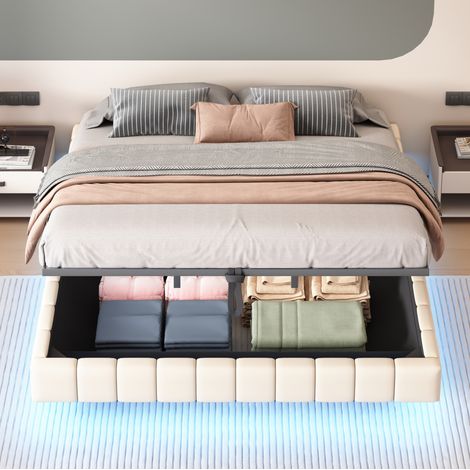 letto contenitore 180x200 con LED sospeso beige OKMYHOME (1/5)