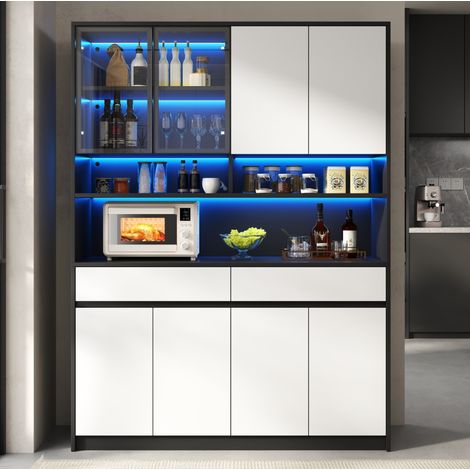 Aparador alto LED, puertas de vidrio y nichos abiertos, MDF negro y blanco, 120 cm, OKWISH (1/5)