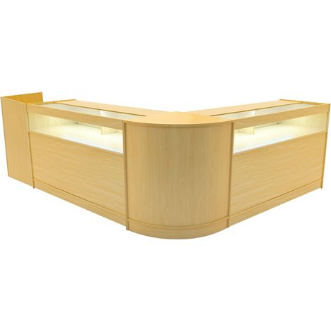 Set Mostradores Comerciales "LUNA" Arce CM60 + 2xB1500 + TB60 MDF y vidrio templado Estantes y puertas corredizas con cerradura Fácil Montaje Mostrador Recepción Expositor Comercial Mesa