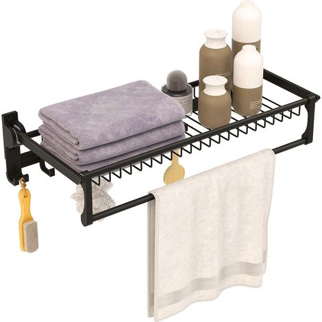 COSTWAY Toallero de Baño Plegable, Toalleros para la Pared con Barra Ajustable y 5 Ganchos Móviles, Organizador de Toallas de Aluminio Resistente al Óxido e Impermeable, 60x26x14cm (1/5)