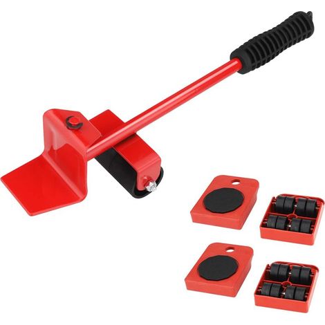 Un ensemble de 5 pièces pour le déménagement d'objets lourds, comprenant des outils facilitant le transport et des accessoires de déménagement rouges. (1/5)