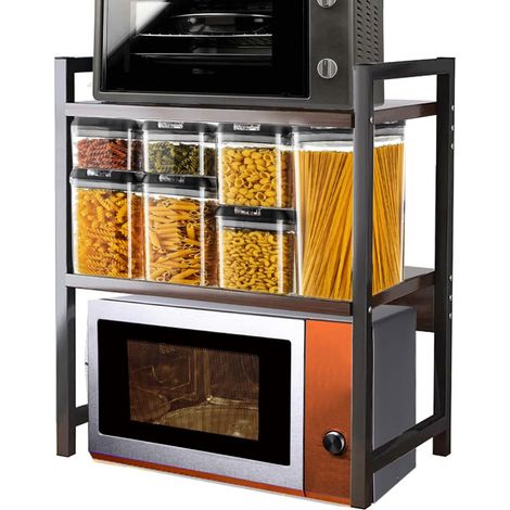 Étagère à micro-ondes en acier, étagère de cuisine avec étagère à épices, unité d'étagères à 2 compartiments avec pieds antidérapants, design moderne (noyer + noir) (1/5)