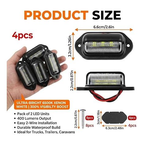 lampes LED pour éclairage de plaque d’immatriculation - Feux arrière étanches 6SMD pour véhicules 12V/24V - Compatible avec camions, caravanes et remorques - Éclairage puissant et écoénergétique (1/4)