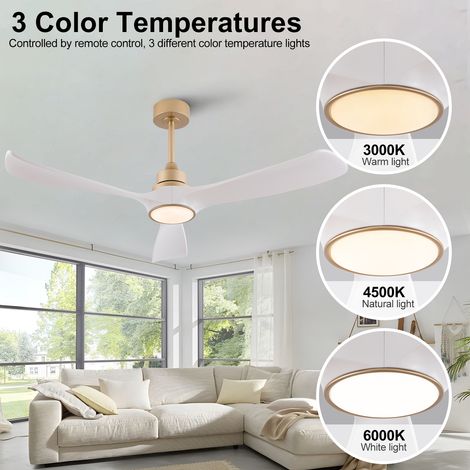 Ventilateur plafond blanc et or 52 pouces lumière télécommande mémoire. Moteur DC réversible 3 pales ABS pour chambre moderne.