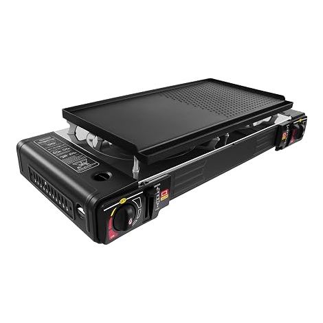 Réchaud de camping 2 en 1 avec plaque de cuisson, 2500 W, réchaud à gaz portable 2 flammes, réchaud à gaz pour barbecue, cuisson des pâtes et chauffer l'eau (1/5)