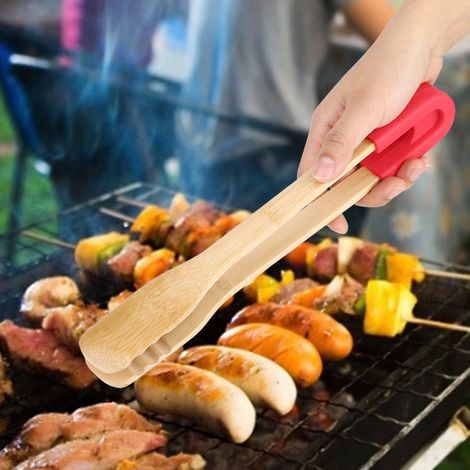 Pince à barbecue en bois, pince à aliments pour buffet, pince à pain et steak, outil de service de cuisine (rouge) (1/5)