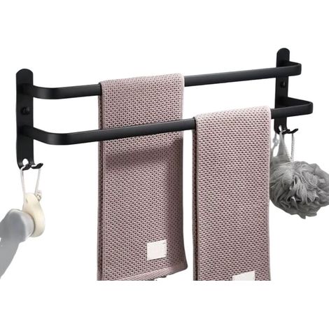 Porte-serviettes mural avec 2 crochets porte-serviettes pour salle de bain hôtel cuisine noir double couche 30 cm (1/5)