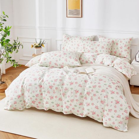 Bettwäsche 200x200 cm Baumwolle Blumenmuster Rosa 3-teilig mit Reißverschluss