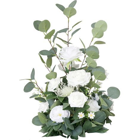 Composition florale artificielle naturelle et élégante, dans les tons blancs et verts, idéale pour la décoration de table lors des mariages. (1/5)