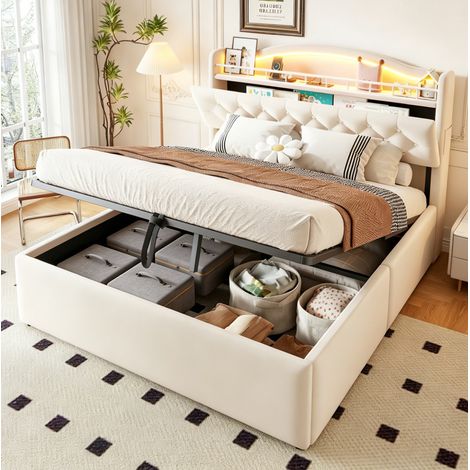 Stauraumbett 140x200 cm Beige aus Stoff und Metall mit hydraulischem Stauraum, USB- und USB-C-Anschlüssen (1/5)