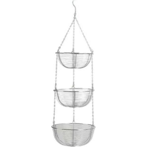 Étagère de rangement de cuisine suspendue à trois niveaux pour paniers à fruits, avec support de fixation au plafond en métal. (1/5)
