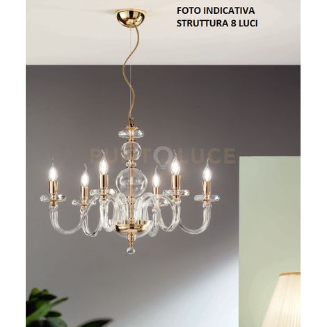 LAMPADARIO BACH 8 LUCI CRISTALLO E FINITURA ORO ATTACCO E14