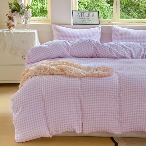 Parure de lit 155x220 cm, Rose Carreaux, Style Campagne Carreaux 8 mm, Géométrique 155x220 cm Housse de couette + 2 Taies d'oreiller 80x80 cm, Design Carreaux de Ferme (1/5)