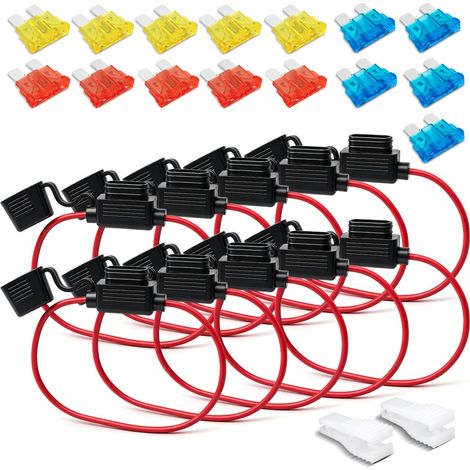 10 pièces 16AWG porte-fusibles en ligne avec 15 pièces de fusibles automobiles de taille standard (10A, 15A, 20A chaque 5 pièces) avec 2 pinces en plastique (1/5)