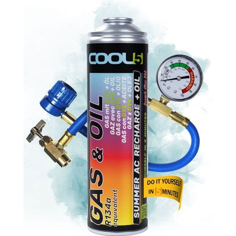 COOL5 2in1 – Kältemittelersatz R134a mit Öl, zum Befüllen von Klimaanlagen für Pkw (Baujahre 1995–2016) + Druckschlauch mit Manometer + 500 ml APC