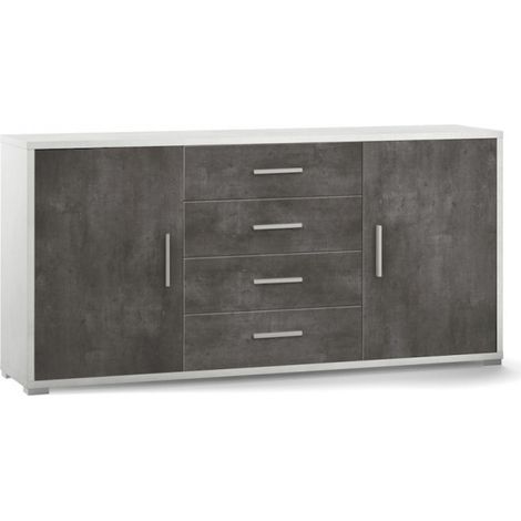 Mueble móvil con 2 puertas y 4 cajones, 174L x 41P x H84 – Acabado Blanco Mate y Negro Mate – Sarmog