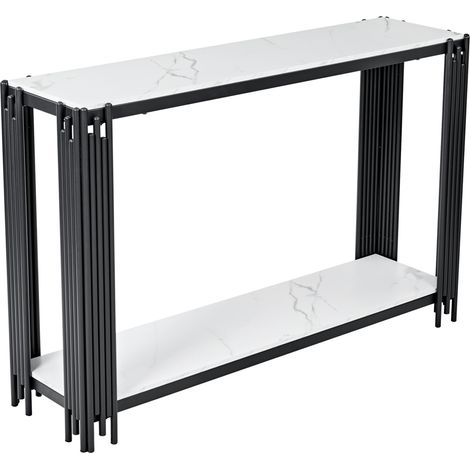 Mesa consola moderna con 2 estantes, efecto mármol blanco, metal negro, 123,5 x 33,5 x 80 cm (1/5)