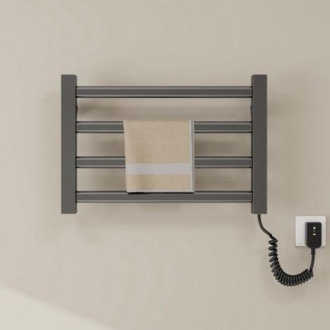 Warm Towel Mini/Porte-Serviettes Chauffant Mural éLectrique 4 Barres, Radiateur Chauffe Serviette Salle de Bain, Thermostat 55 °C, 55 X 35cm-Grey (1/5)
