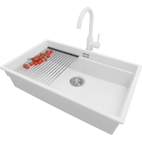 PRIMAGRAN Evier Sous Plan 76x47cm, Evier en Granit 1 bac + Robinet 32x20cm + Kit de Vidage + Égouttoir Enroulable, Évier au meuble 80cm - Prague, Blanc (1/5)