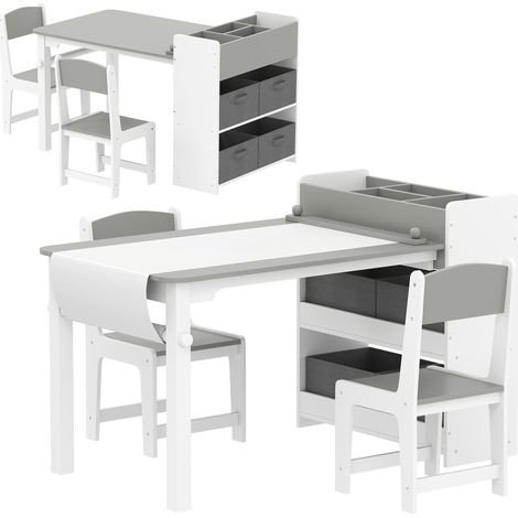 Ensemble table et 2 chaises enfant en bois gris, avec rouleau de papier, étagères et tiroirs, pour fille et garçon de 3 à 8 ans (1/5)