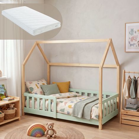 Hausbett Hesel mit Matratze und Rausfallschutz 80x160 cm Mintgrün/Natur [en.casa] (1/5)