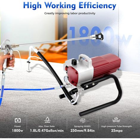 Pulvérisateur de peinture 1800 W 220 V, système de pulvérisation de peinture Airless, pulvérisateur haute pression Airless, tuyau de 10 mètres, avec réglage de la pression et design de tuyau robuste (1/5)