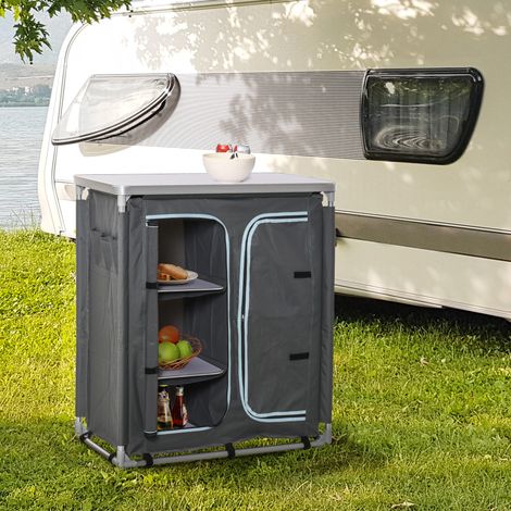 Cuisine camping à 2 sections étagère à 3 niveaux aluminium tissu - Dimensions: 96x49,5x104 cm - Couleur: Gris
