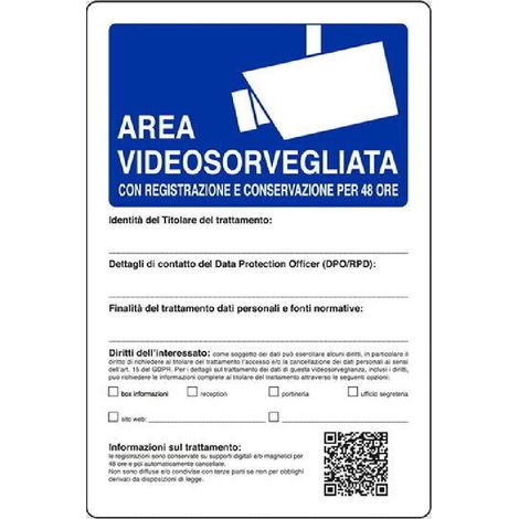 Cartello segnaletico "Area Videosorvegliata" con dati conservati 48H realizzato in pvc -10 pezzi
