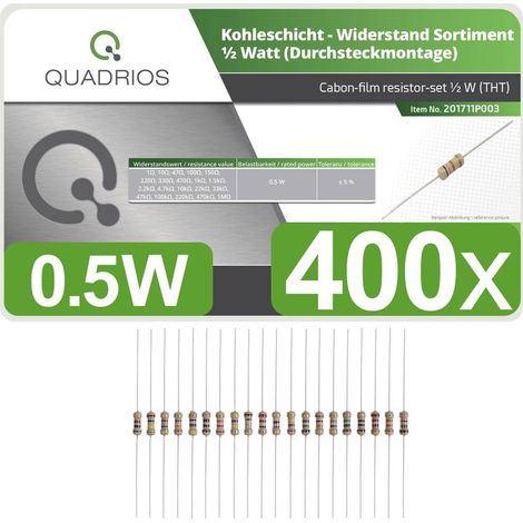 Quadrios 201711P003 201711P003 Assortimento di resistenze a film di carbone assiale 0.5 W 5 % 400 pz. (1/3)
