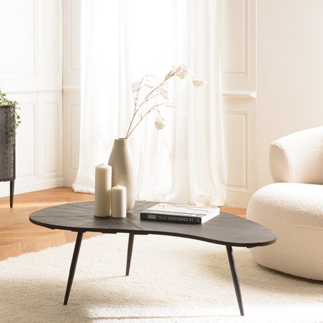 Macabane – Table basse ovoïde 122x73cm en acier et manguier – Plateau texturé noir mat – Pieds métal noir – Style contemporain (1/5)