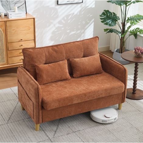 Canapé 2 places 127x75.5x83 cm marron en bois et tissu chenille avec accoudoirs et poches latérales (1/5)