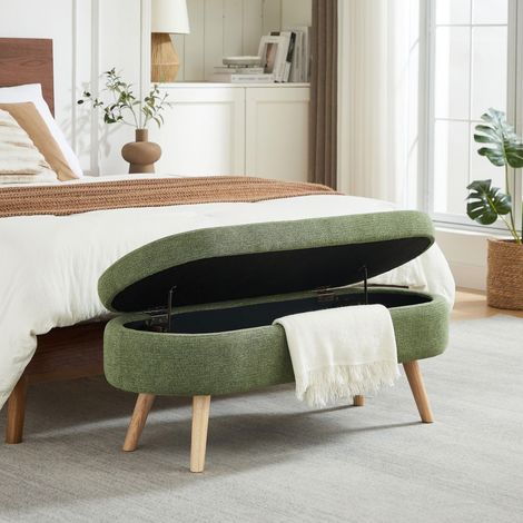 Bettbank mit Stauraum, ovale gepolsterte Sitzbank aus Chenille, 110 cm, moderne Truhenbank für Schlafzimmer, Flur oder Wohnzimmer – Grün