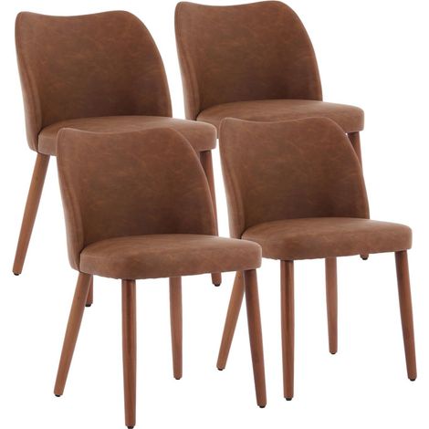 Lot de 4 Chaises de salle à manger aspect cuir avec forme ergonomique,Pieds en Bois, design moderne,Marron (1/5)
