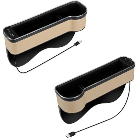 (Beige, 1 lot) Organisateur de voiture avec LED colorées, combleur d'espace pour siège auto, double port USB de charge, boîte de rangement en PU avec porte-gobelet.