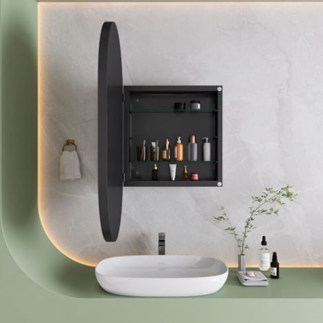 Miroir ovale mural avec armoire – Cadre métallique, étagères réglables, rangement intégré, noir – Chic et sobre pour toutes les pièces (1/5)