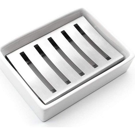 Porte-savon en céramique et en acier inoxydable pour salle de bain et douche, double compartiment avec égouttage. (1/5)