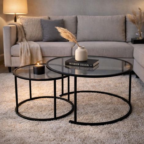 Moderne Runde Couchtisch 2er-Set Uru Schwarz - Graues Glas -