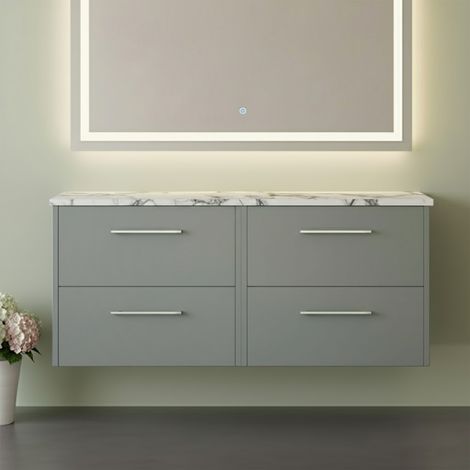 Hudson Reed Juno Wall Hung 4-Drawer Vanity Unit with Carrera Marble Worktop 1200mm Wide - Coastal Grey (1/4)