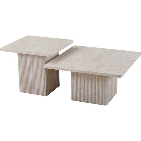 Set 2 tables basses gigogne EDEN – Travertin beige – H52/42 x L80/60 x P80/60 cm – Style moderne (1/5)