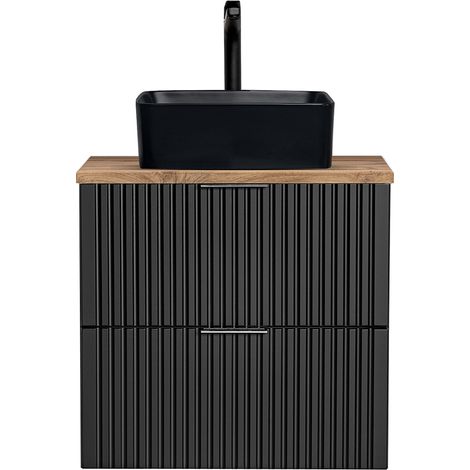 Badmöbel Waschtisch, 61cm, mit schwarzem Aufsatzbecken, ADELAIDE-56-BLACK, matt schwarz mit Eiche Nb., Rillenoptik, B/H/T ca. 60,6/72,2/46,5 cm (1/5)