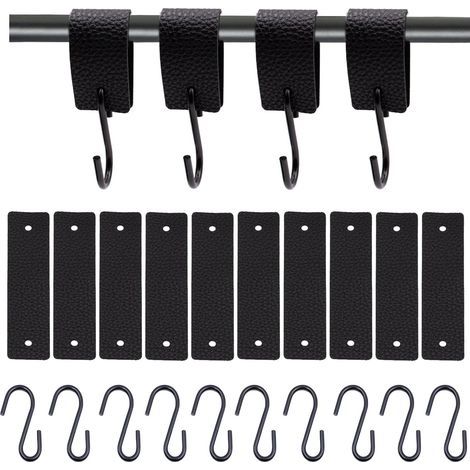 10 Pièces - Crochet S - Anneau En Cuir - Acier Inoxydable - Suspension Robuste 3kg - Pour Cuisine Salle De Bain Chambre - Noir - 3x12,5cm (1/5)