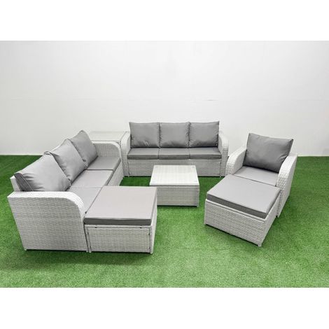 Fimous 9 Seater Poly Rattan Outdoor Garden Furniture Square Coffee Table Sofa Set Patio 3 Seater Sofa Reclining Chair 3 Seater Sofa 2 Big Footstools Side Table Light Grey (1/4)