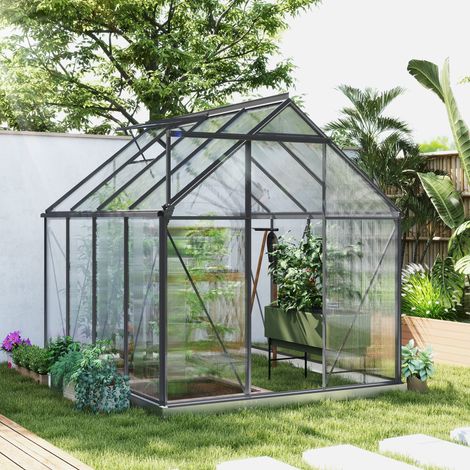 Serra da giardino in policarbonato da 4,8 m² con base, tetto apribile regolabile, porta scorrevole trasparente da 1,9 x 2,53 x 1,99 m. (1/5)