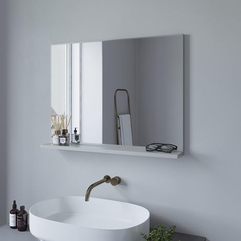AQUABATOS  Badspiegel mit Ablage, Wandspiegel mit Regal Rechteckiger Spiegel Modern Badspiegel mattes Silber Aluminiumrahmen 80 x 60 cm (1/5)