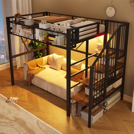 Lit mezzanine - LED - 90x200 cm - Rangements - Métal - Noir (1/5)