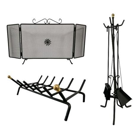 Set Camino in Ferro Battuto Nero con Parascintille Brucialegna e Kit Attrezzi (1/5)